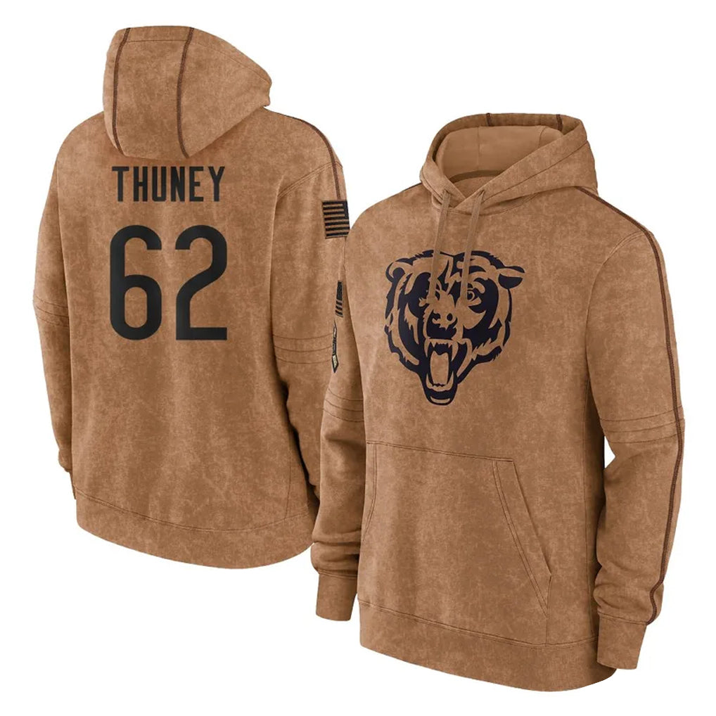 C.Bears #62 Joe Thuney Player Brown Salute to Service Pullover Hoodies Limited Qdoa Stitched Jerseys