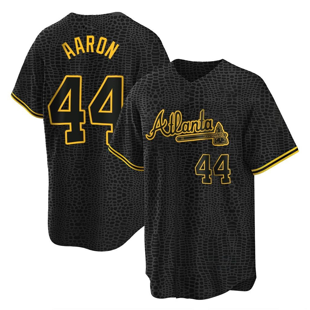A.Braves #44 Hank Aaron Player Black Snake Skin City Home Game Qdoa Stitched Jerseys