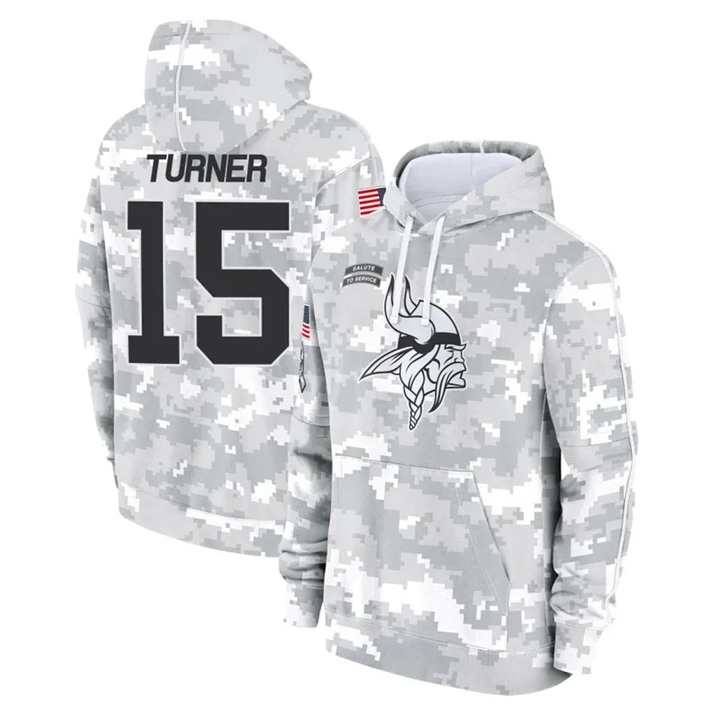 M.Vikings #15 Dallas Turner Player Arctic Camo Salute to Service Pullover Hoodies Limited Game Qdoa Stitched Jerseys