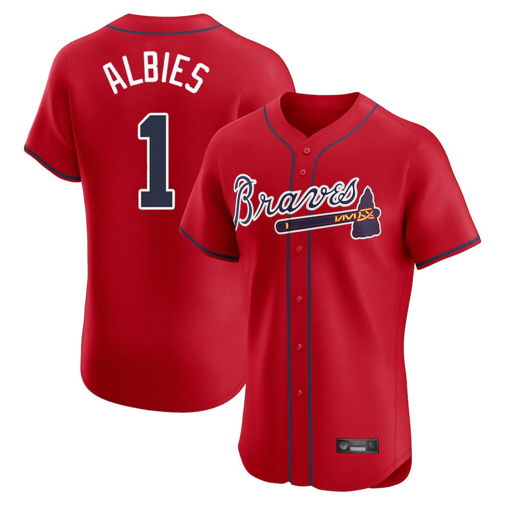 A.Braves #1 Ozzie Albies Player Red Limited Elite Home Game Qdoa Stitched Jerseys